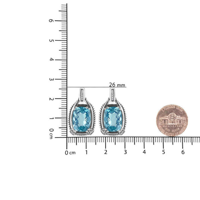 Aretes colgantes con gema de topacio azul talla cojín de 14x10mm y detalles de diamante en plata de ley, color I-J, claridad I1-I2, foto 6