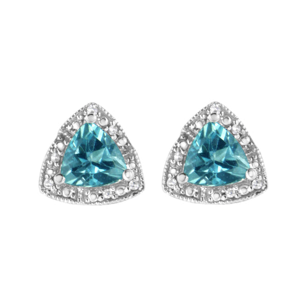 Aretes de botón con topacio azul talla trillón de 6x6 mm, gema y detalle de diamante en plata de ley, foto 1