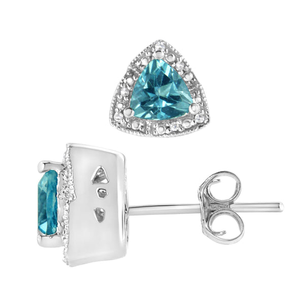 Aretes de botón con topacio azul talla trillón de 6x6 mm, gema y detalle de diamante en plata de ley, foto 2