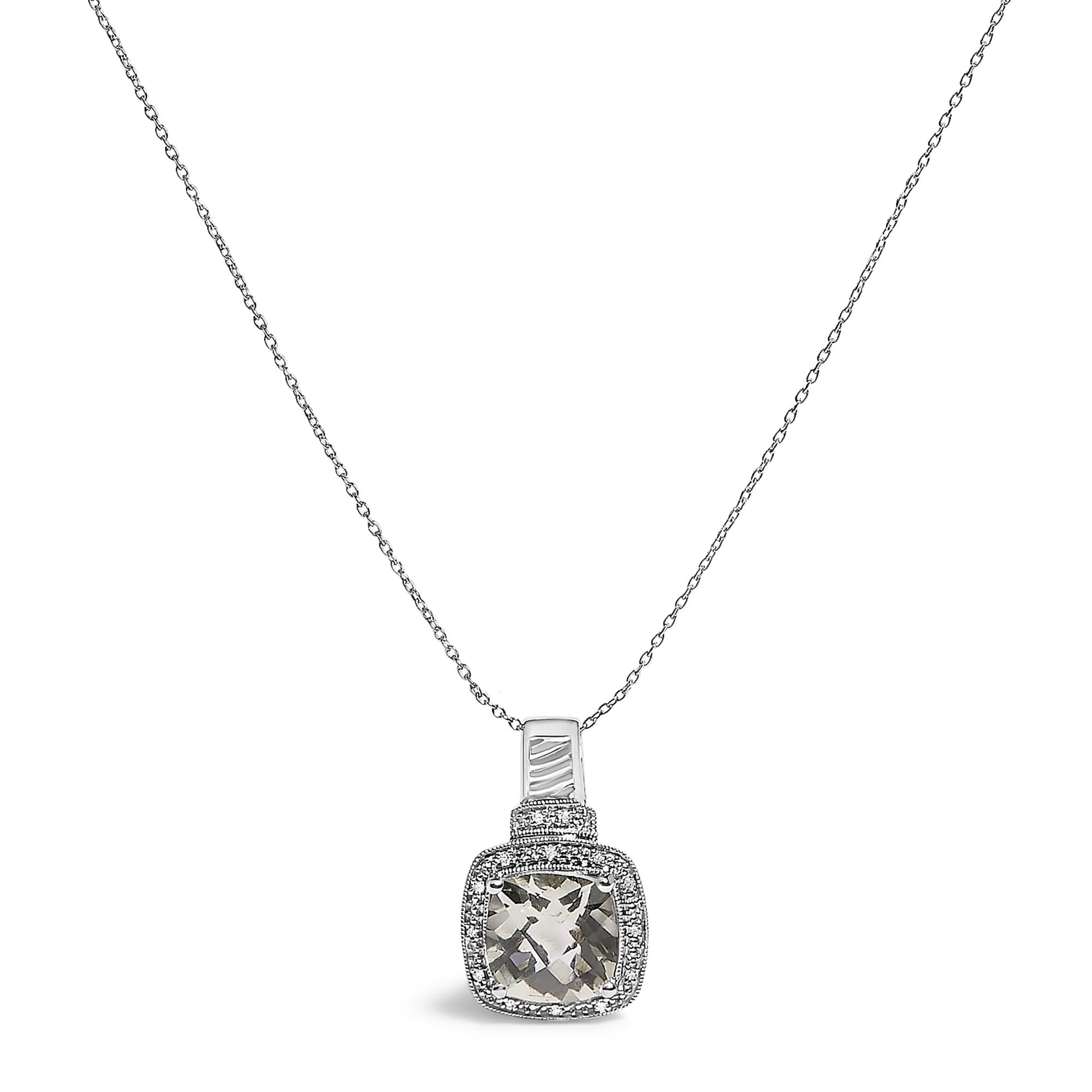 Cushion Gray Green Amethyst and Diamond Accent Halo Pendant Necklace in Sterling Silver, photo 1