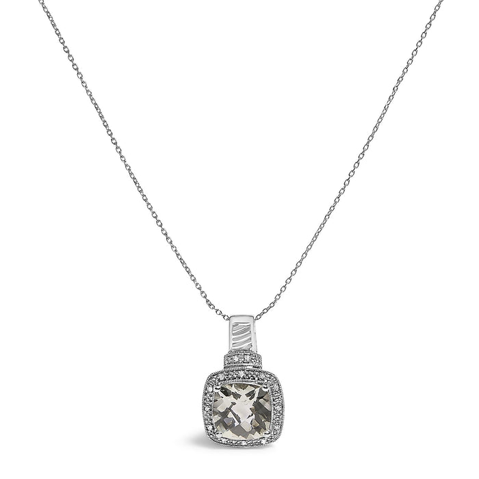 Cushion Gray Green Amethyst and Diamond Accent Halo Pendant Necklace in Sterling Silver, photo 1