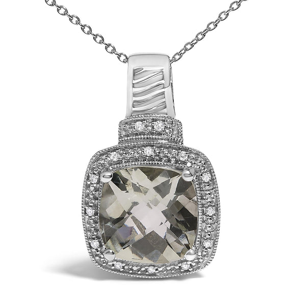 Cushion Gray Green Amethyst and Diamond Accent Halo Pendant Necklace in Sterling Silver, photo 2