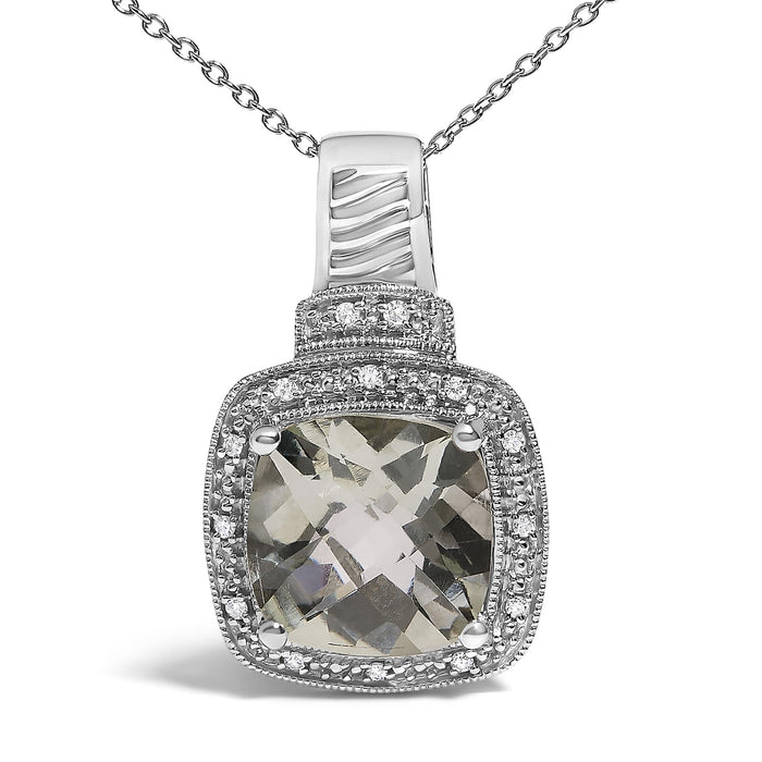 Cushion Gray Green Amethyst and Diamond Accent Halo Pendant Necklace in Sterling Silver, photo 2