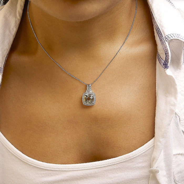 Cushion Gray Green Amethyst and Diamond Accent Halo Pendant Necklace in Sterling Silver, photo 3