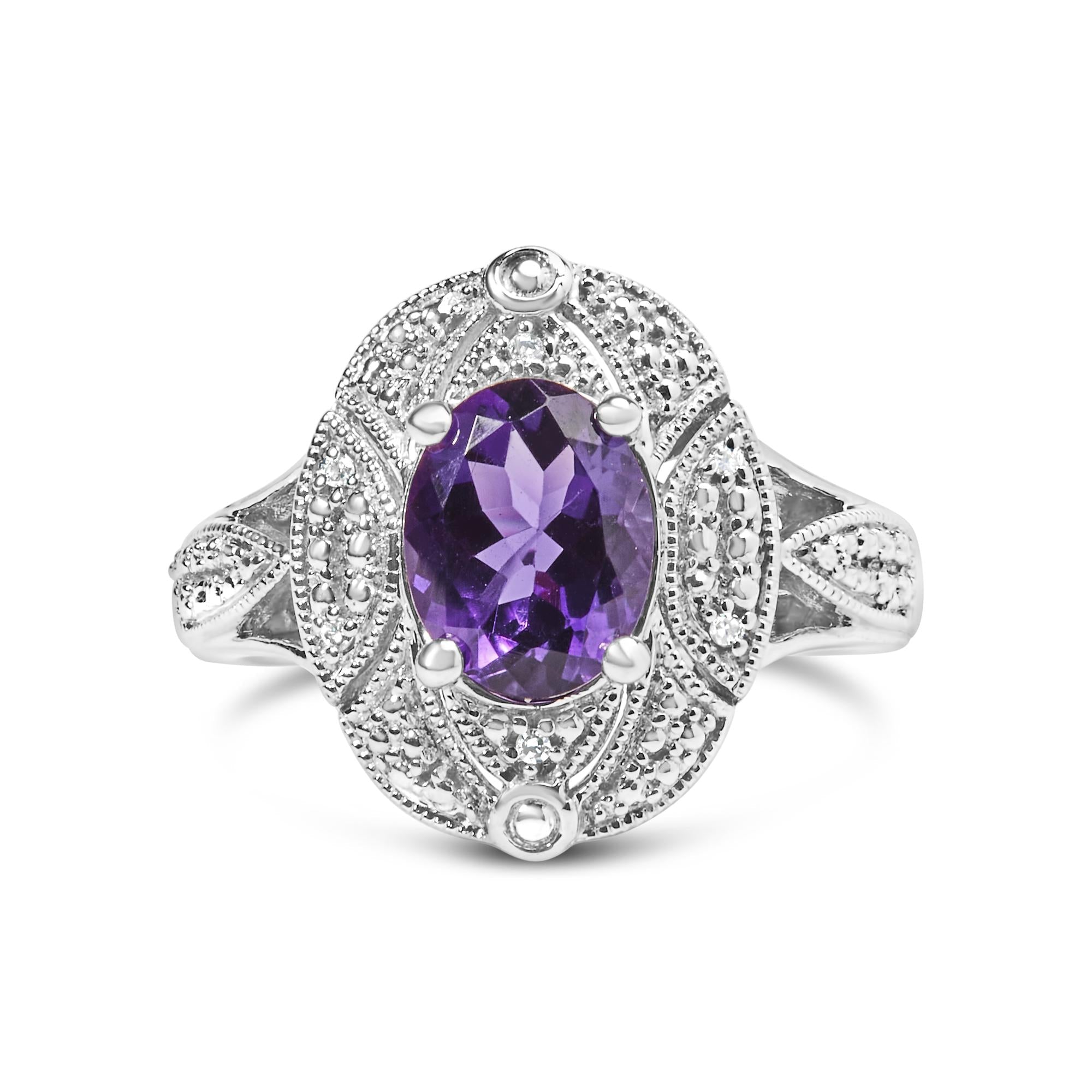 Anillo de cóctel con amatista púrpura ovalada de 9x7mm y detalle de diamante redondo en plata de ley, foto 1