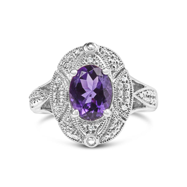 Anillo de cóctel con amatista púrpura ovalada de 9x7mm y detalle de diamante redondo en plata de ley, foto 1