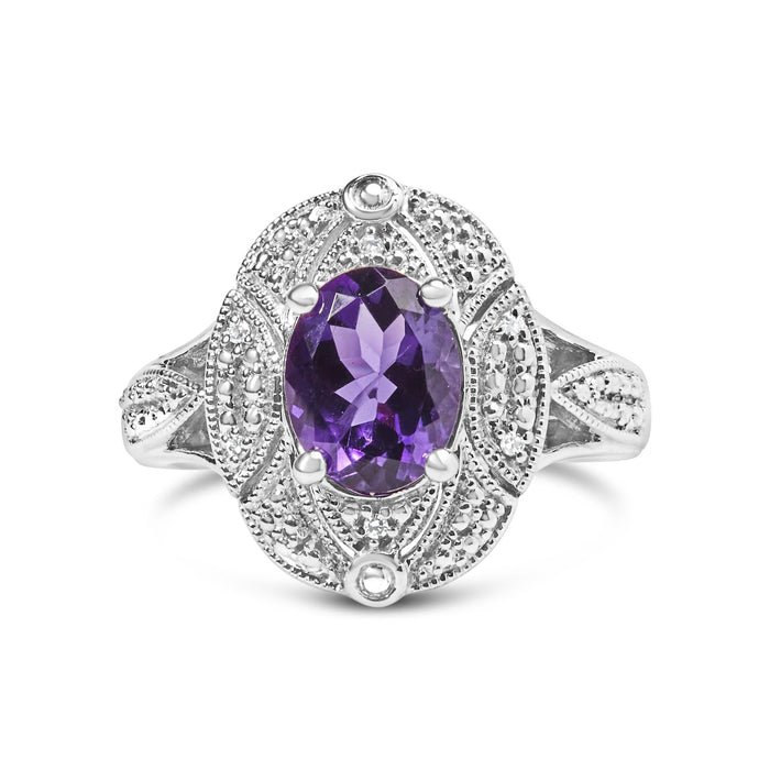Anillo de cóctel con amatista púrpura ovalada de 9x7mm y detalle de diamante redondo en plata de ley, foto 1