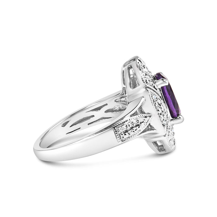 Anillo de cóctel con amatista púrpura ovalada de 9x7mm y detalle de diamante redondo en plata de ley, foto 2