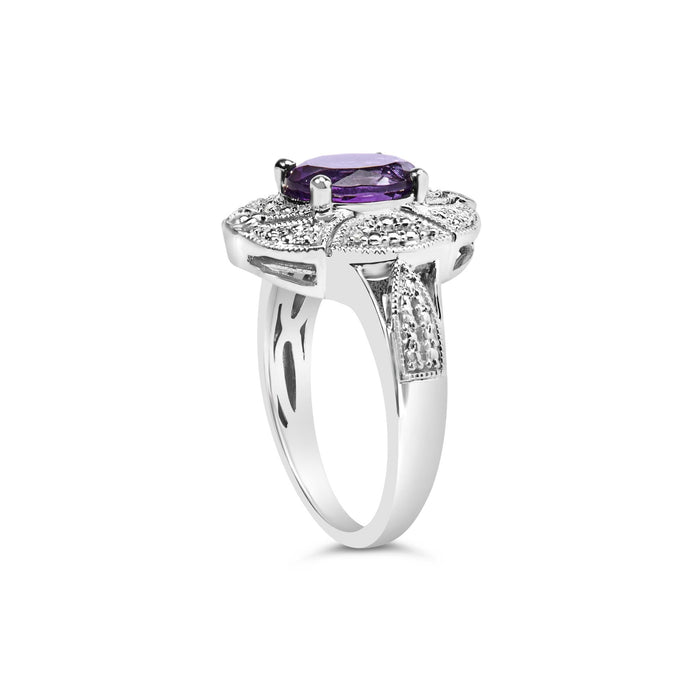 Anillo de cóctel con amatista púrpura ovalada de 9x7mm y detalle de diamante redondo en plata de ley, foto 5