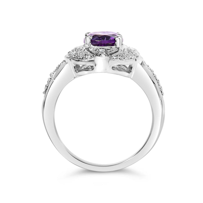 Anillo de cóctel con amatista púrpura ovalada de 9x7mm y detalle de diamante redondo en plata de ley, foto 6