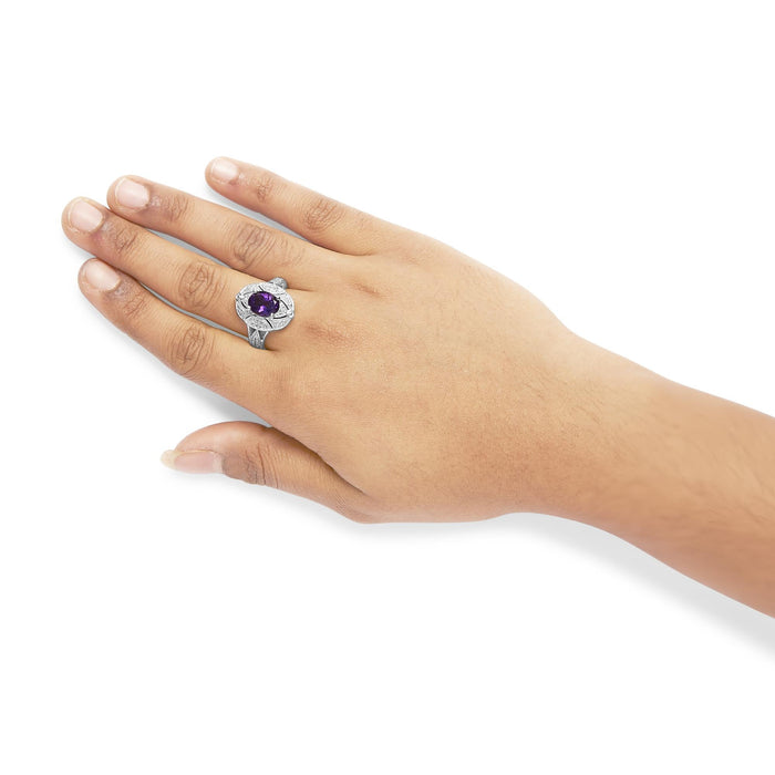 Anillo de cóctel con amatista púrpura ovalada de 9x7mm y detalle de diamante redondo en plata de ley, foto 3
