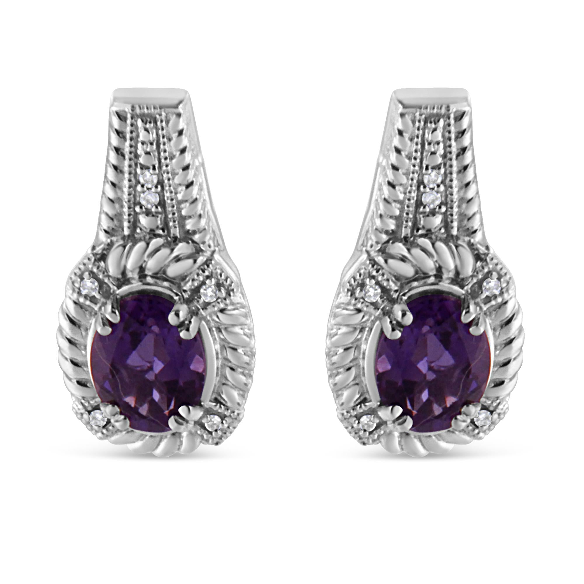 Aretes colgantes estilo Art Déco con amatista púrpura ovalada natural de 8x6mm y detalles de diamante en plata de ley, foto 1