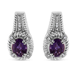 Aretes colgantes estilo Art Déco con amatista púrpura ovalada natural de 8x6mm y detalles de diamante en plata de ley