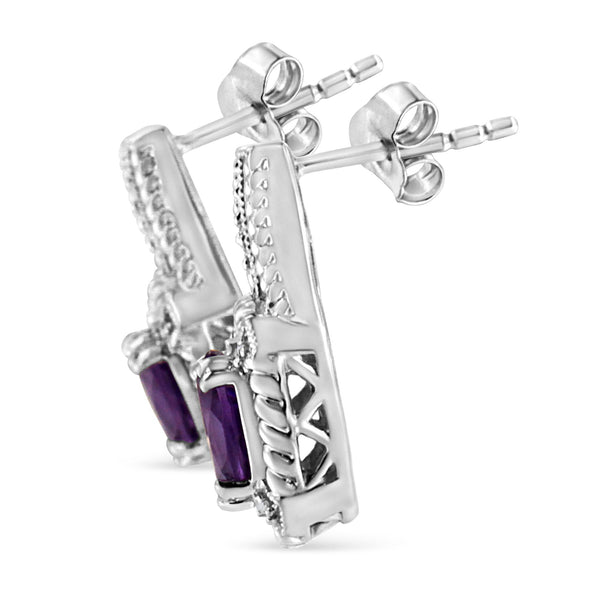 8x6mm Natural Oval Purple Amethyst Gemstone and Diamond Accent Art Deco Style Drop and Dangle Earrings in Sterling Silver, photo 2