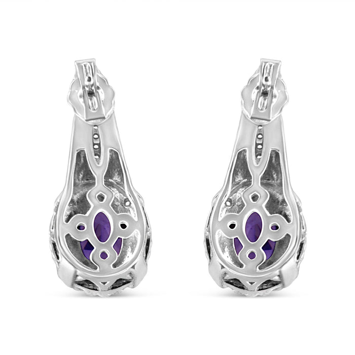 Aretes colgantes estilo Art Déco con amatista púrpura ovalada natural de 8x6mm y detalles de diamante en plata de ley, foto 4