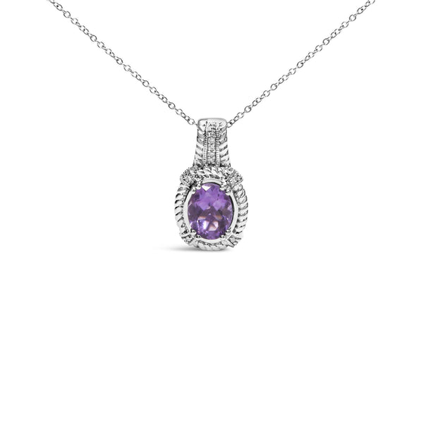 Collar con colgante de gota con amatista morada ovalada de 9x7mm y detalle de diamante redondo en plata de ley, foto 1