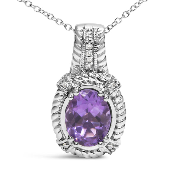 Collar con colgante de gota con amatista morada ovalada de 9x7mm y detalle de diamante redondo en plata de ley, foto 2