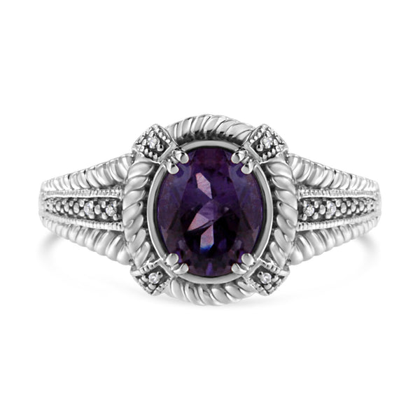 9x7mm Oval Purple Amethyst Solitaire and Diamond Accent Ring in Sterling Silver, photo 1