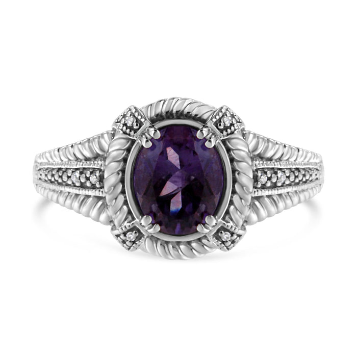 Anillo solitario con amatista púrpura ovalada de 9x7 mm y detalle de diamante en plata de ley, foto 1