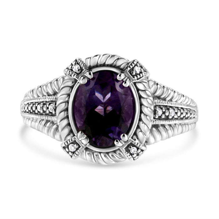 Anillo solitario con amatista púrpura ovalada de 9x7 mm y detalle de diamante en plata de ley, foto 2