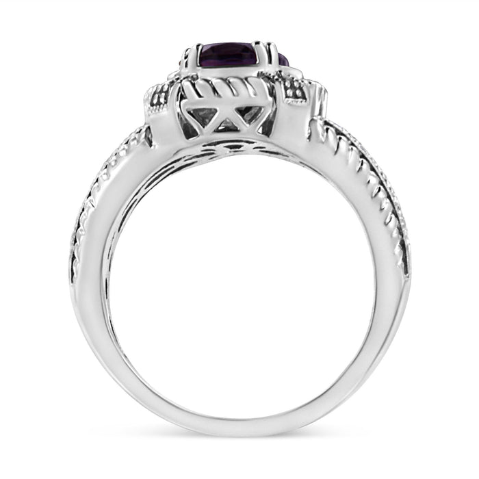 Anillo solitario con amatista púrpura ovalada de 9x7 mm y detalle de diamante en plata de ley, foto 4