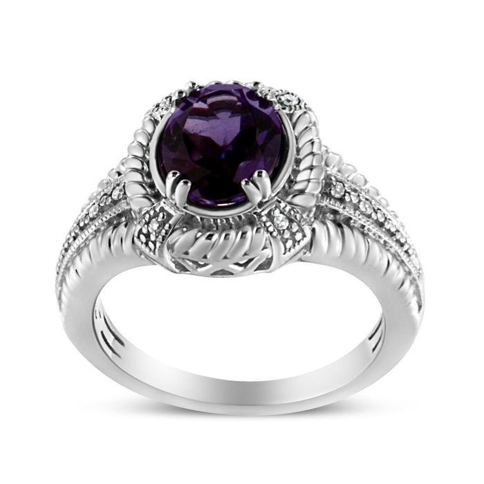 Anillo solitario con amatista púrpura ovalada de 9x7 mm y detalle de diamante en plata de ley, foto 6