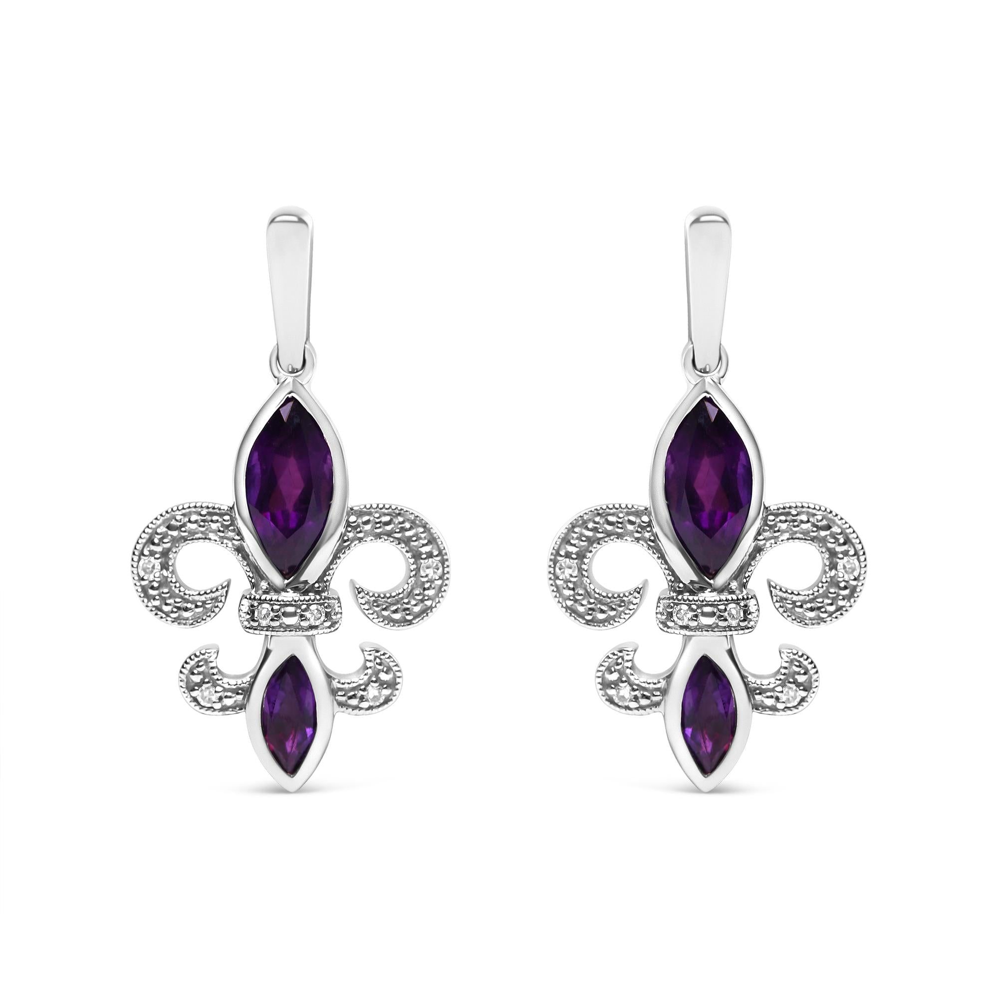 Marquise-Cut Amethyst and Diamond Accent Fleur De Lis Dangle Stud Earrings in Sterling Silver, photo 1