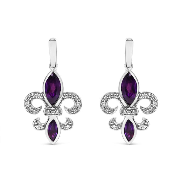 Aretes de botón colgantes de flor de lis con amatista talla marquesa y detalles de diamante en plata de ley, foto 1