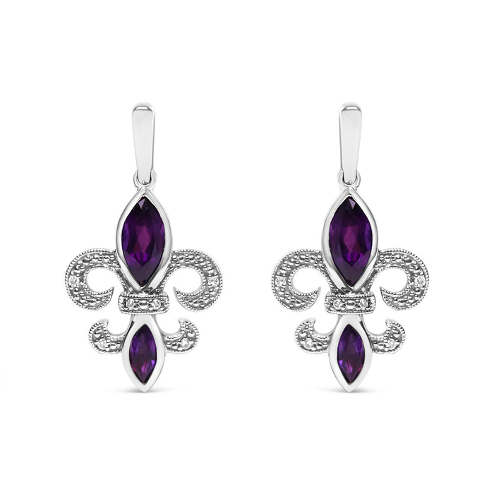 Marquise-Cut Amethyst and Diamond Accent Fleur De Lis Dangle Stud Earrings in Sterling Silver, photo 1