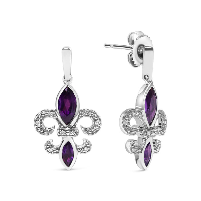 Marquise-Cut Amethyst and Diamond Accent Fleur De Lis Dangle Stud Earrings in Sterling Silver, photo 2