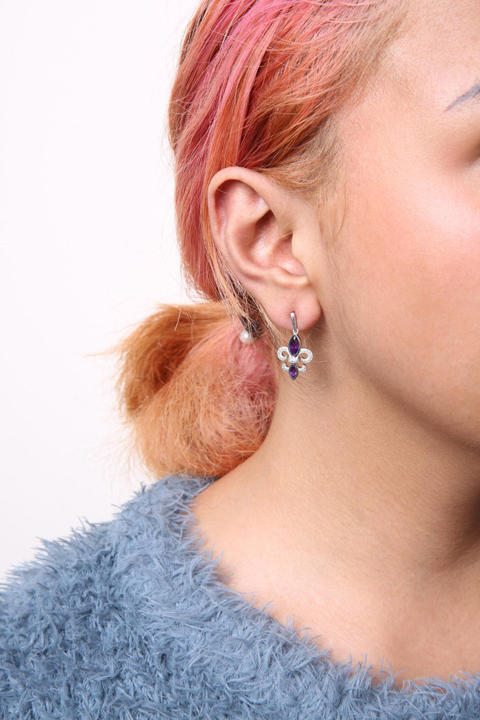Marquise-Cut Amethyst and Diamond Accent Fleur De Lis Dangle Stud Earrings in Sterling Silver, photo 3