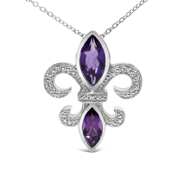 Collar con colgante de flor de lis con amatista púrpura marquesa y detalle de diamante en plata de ley, foto 2