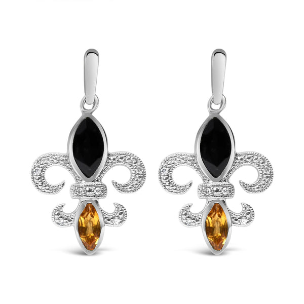 Aretes de botón colgantes de flor de lis con ónix y citrino talla marquesa y detalle de diamante en plata de ley, foto 1