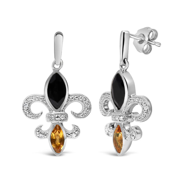 Aretes de botón colgantes de flor de lis con ónix y citrino talla marquesa y detalle de diamante en plata de ley, foto 2