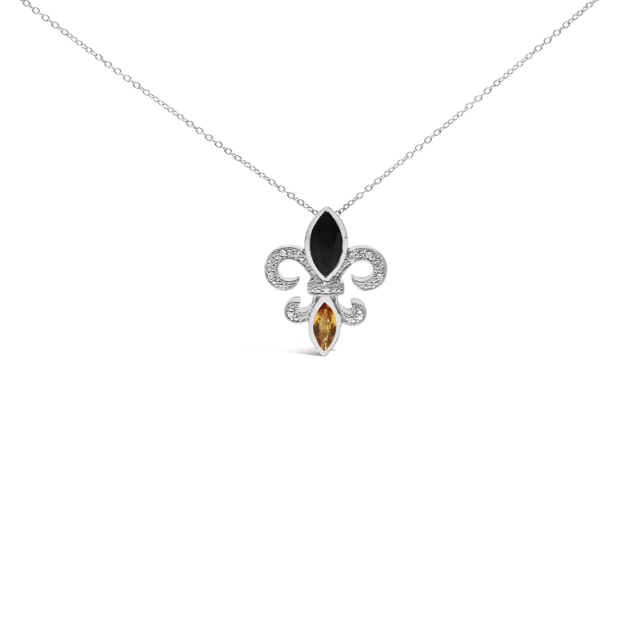 Collar con colgante de flor de lis con ónix y citrino talla marquesa y detalle de diamante en plata de ley, foto 1
