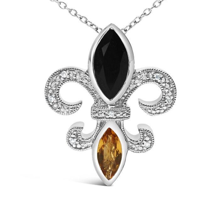 Collar con colgante de flor de lis con ónix y citrino talla marquesa y detalle de diamante en plata de ley, foto 2