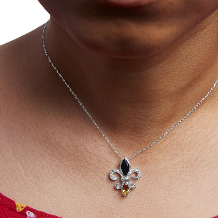 Collar con colgante de flor de lis con ónix y citrino talla marquesa y detalle de diamante en plata de ley, foto 3
