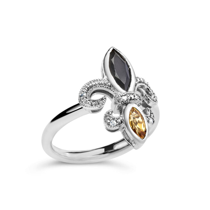 Black Onyx and Yellow Citrine Marquise and Diamond Accent Fleur De Lis Ring in Sterling Silver, photo 4