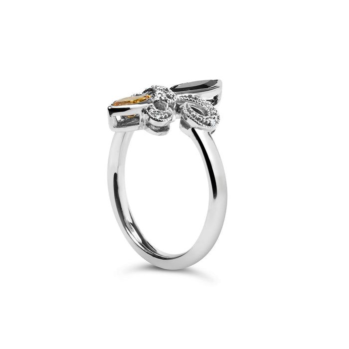 Black Onyx and Yellow Citrine Marquise and Diamond Accent Fleur De Lis Ring in Sterling Silver, photo 5