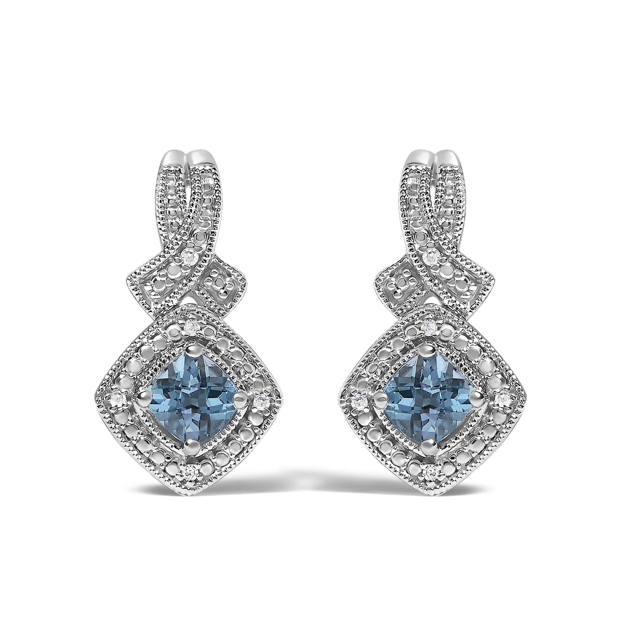 Cushion-Cut Blue Topaz and Diamond Accent Twist Motif Dangle Earrings in Sterling Silver, photo 1
