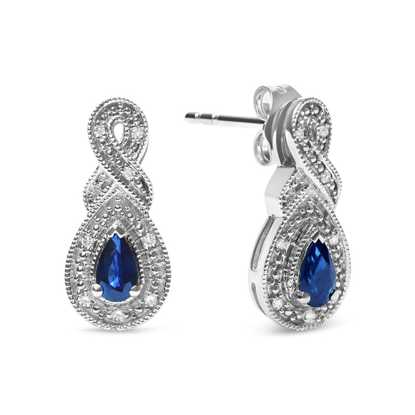 Aretes de botón colgantes de infinito con zafiro pera de 4.5 x 3mm y detalles de diamante en plata de ley, foto 2