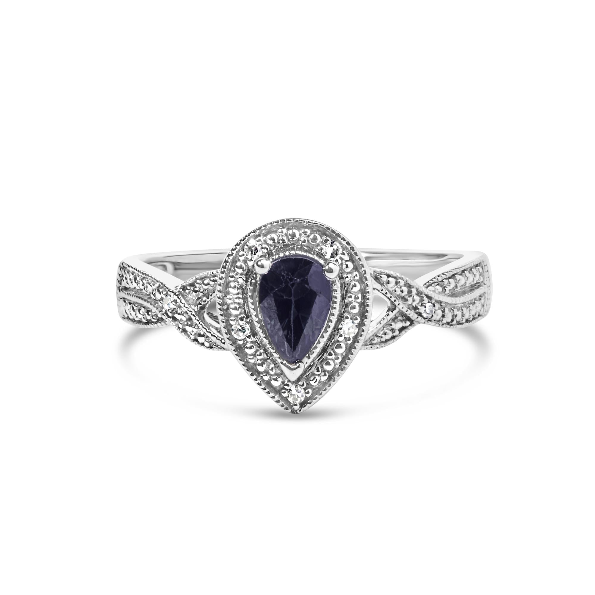 Anillo de halo con zafiro pera de 6x4mm y detalle de diamante en plata de ley, foto 1