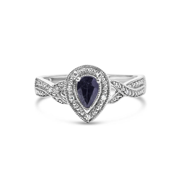 6x4mm Pear Sapphire Gemstone with Diamond Accent Halo Ring in Sterling Silver, photo 1