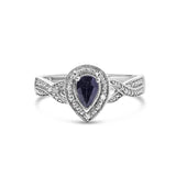 Anillo de halo con zafiro pera de 6x4mm y detalle de diamante en plata de ley