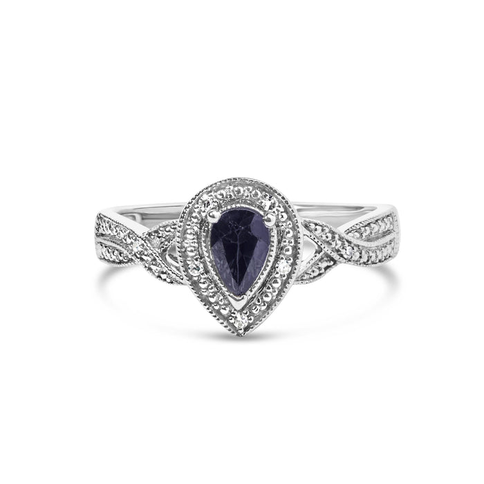 Anillo de halo con zafiro pera de 6x4mm y detalle de diamante en plata de ley, foto 1