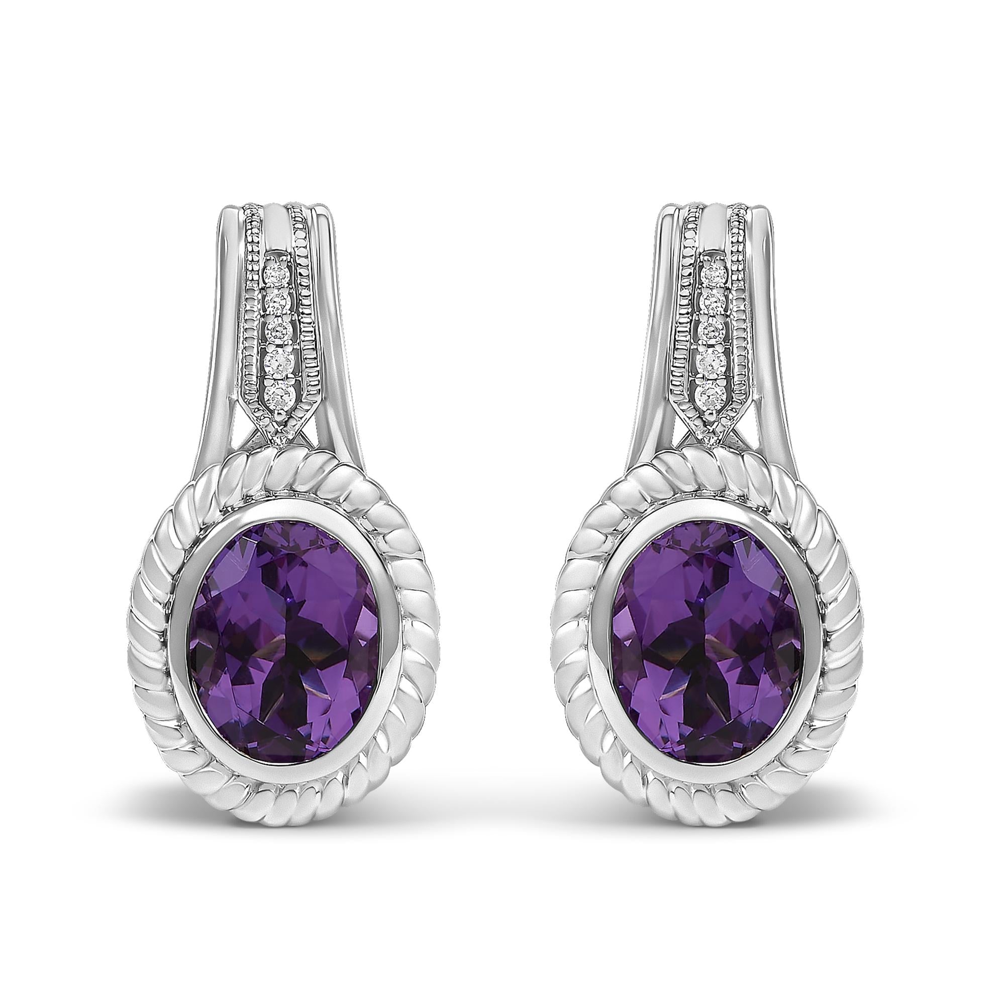 Aretes colgantes de diseño de cuerda con amatista púrpura ovalada y detalles de diamante en plata de ley, foto 1
