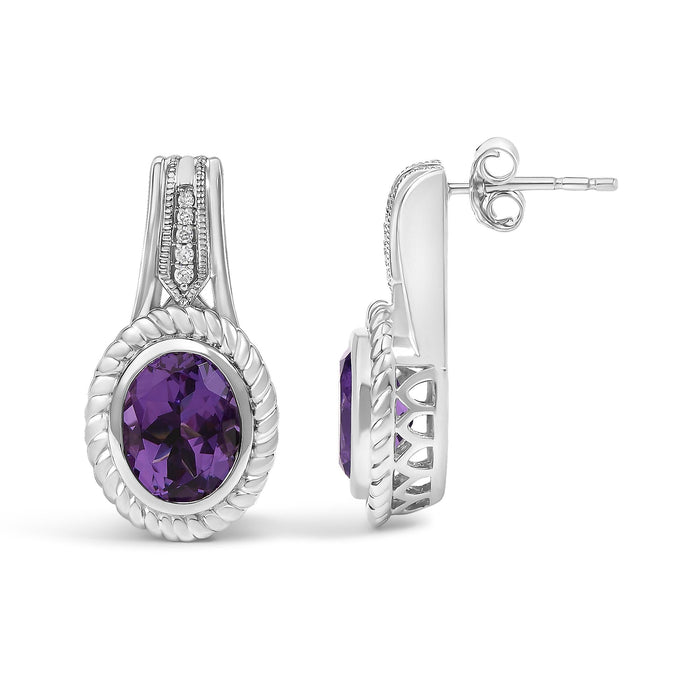 Aretes colgantes de diseño de cuerda con amatista púrpura ovalada y detalles de diamante en plata de ley, foto 4