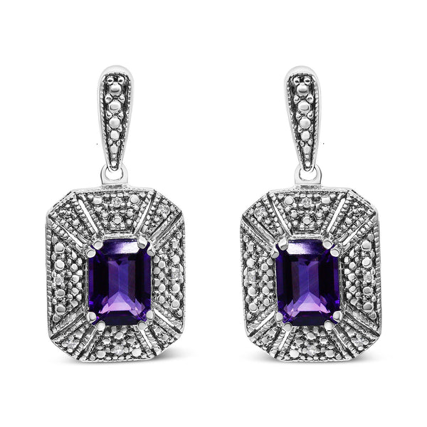 Aretes de botón con detalle de diamante y amatista morada de 7x5mm en plata de ley, foto 1