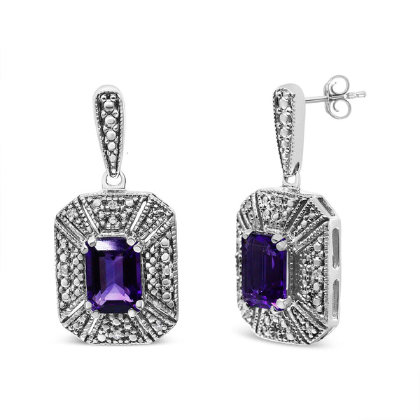 Aretes de botón con detalle de diamante y amatista morada de 7x5mm en plata de ley, foto 2