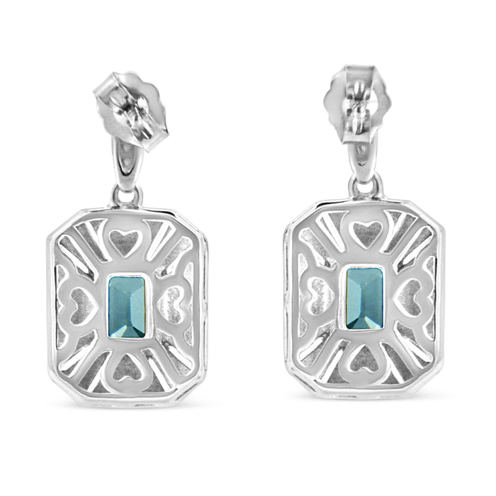 Aretes colgantes estilo halo Art Déco con topacio azul talla esmeralda de 7x5mm y detalle de diamante en plata de ley, foto 4